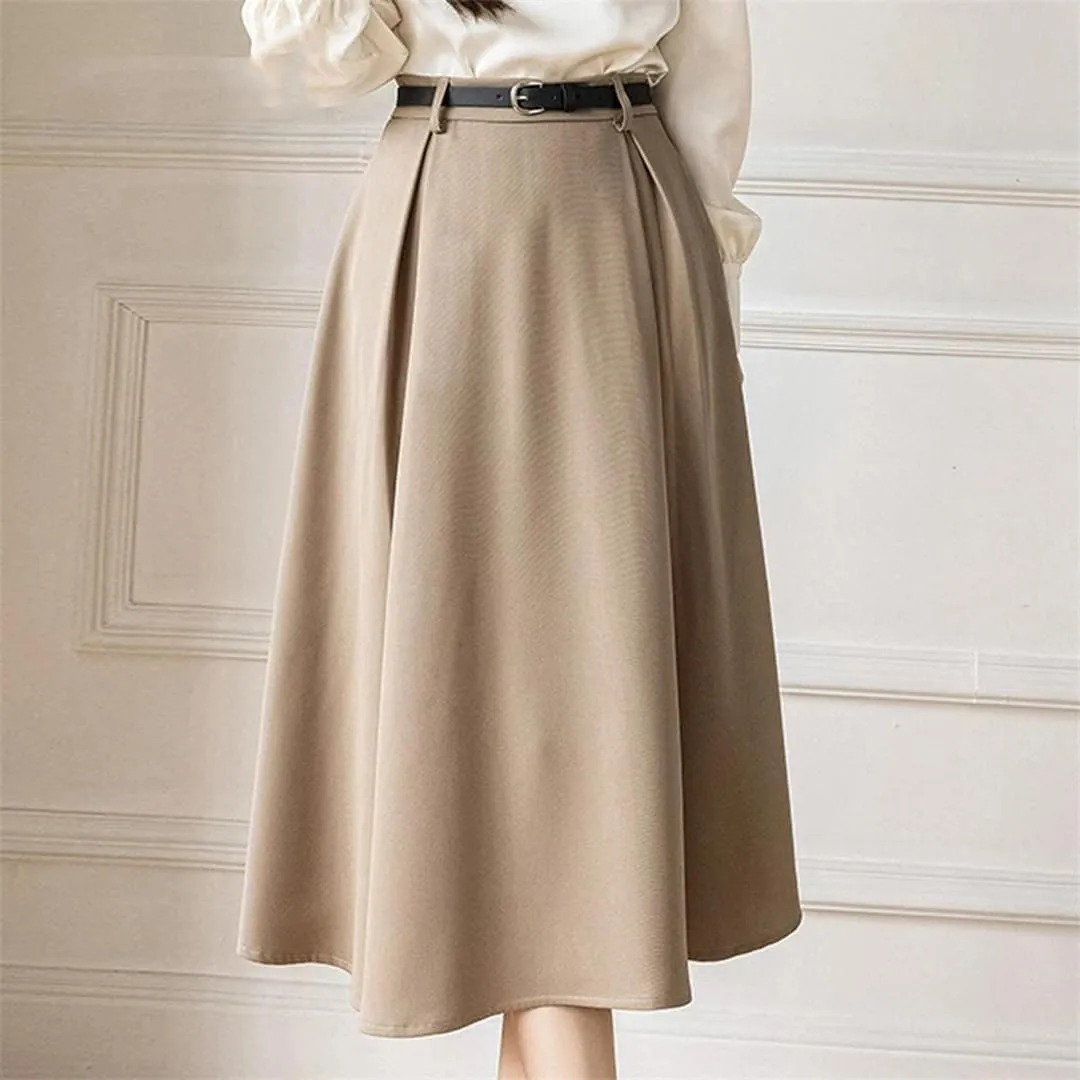 Women's High Waist A Line Skirt Simple Retro Office Midi Skirt Casual Pleated Skirt with Belt