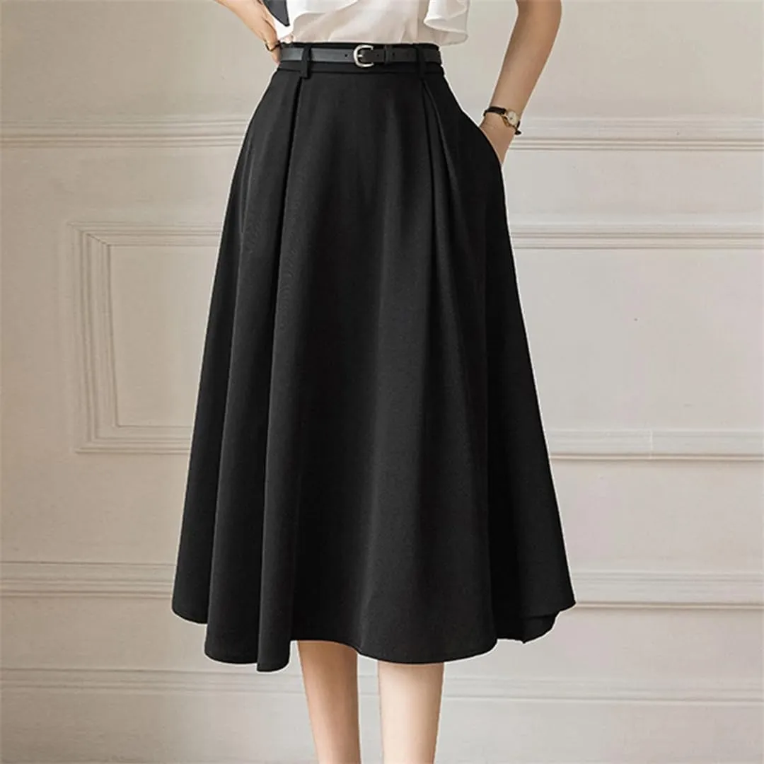 Women's High Waist A Line Skirt Simple Retro Office Midi Skirt Casual Pleated Skirt with Belt