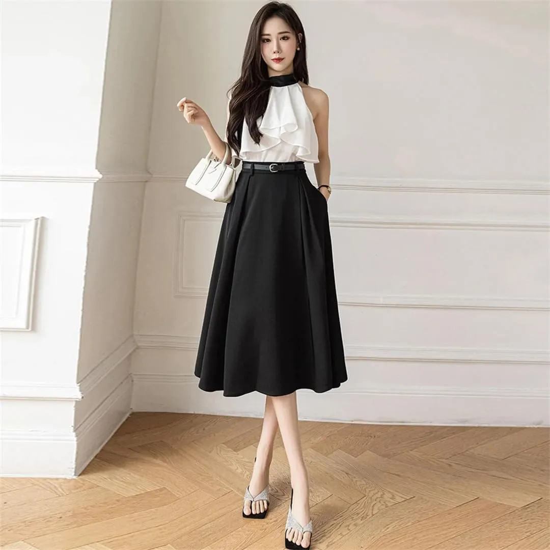 Women's High Waist A Line Skirt Simple Retro Office Midi Skirt Casual Pleated Skirt with Belt