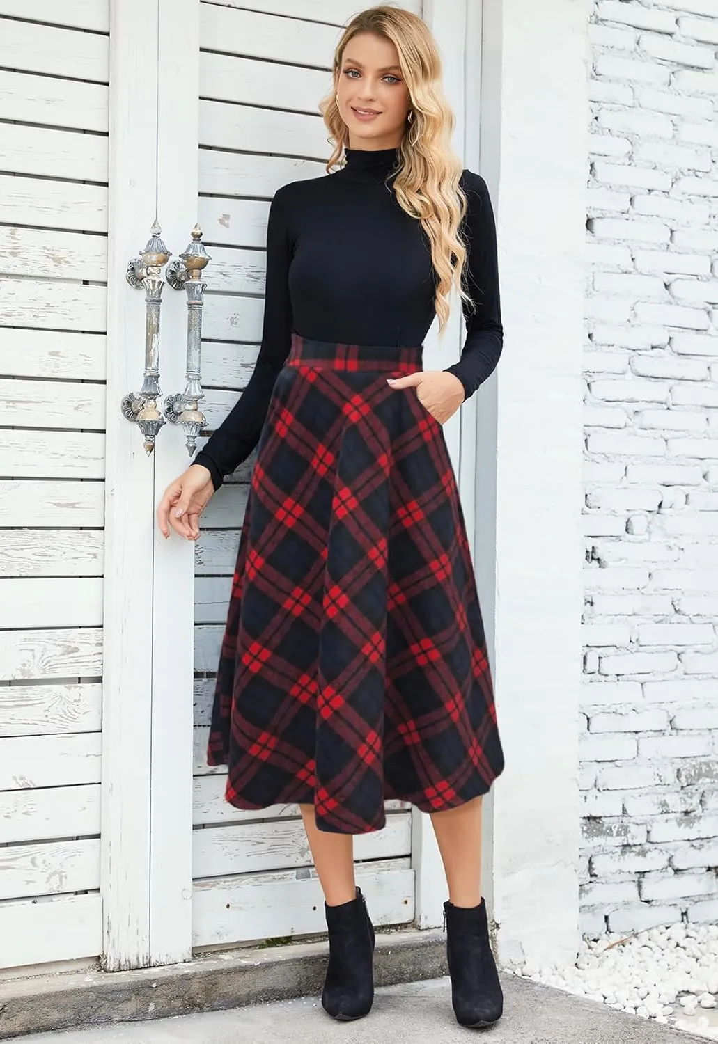 Womens High Waist Casual Pleated A-line Midi Skirt Elastic Waist with Pocket for Women
