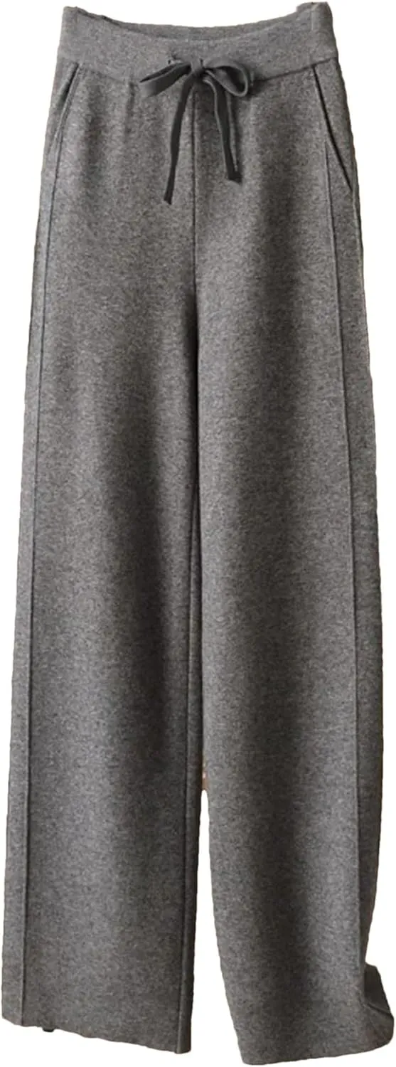 Women's High Waist Wide-Leg Pants Winter Loose Straight Knit Wool Pants Grandma Mop Trousers