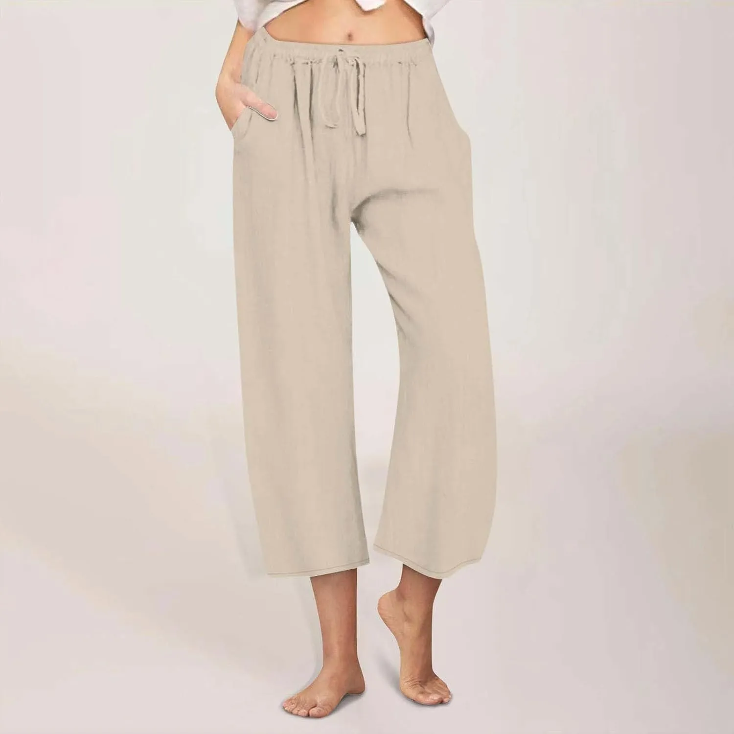 Womens Linen Capri Pants with Pockets Wide Leg Cropped Lounge Trousers Drawstring Elastic Waisted Summer Beach Pants 2025