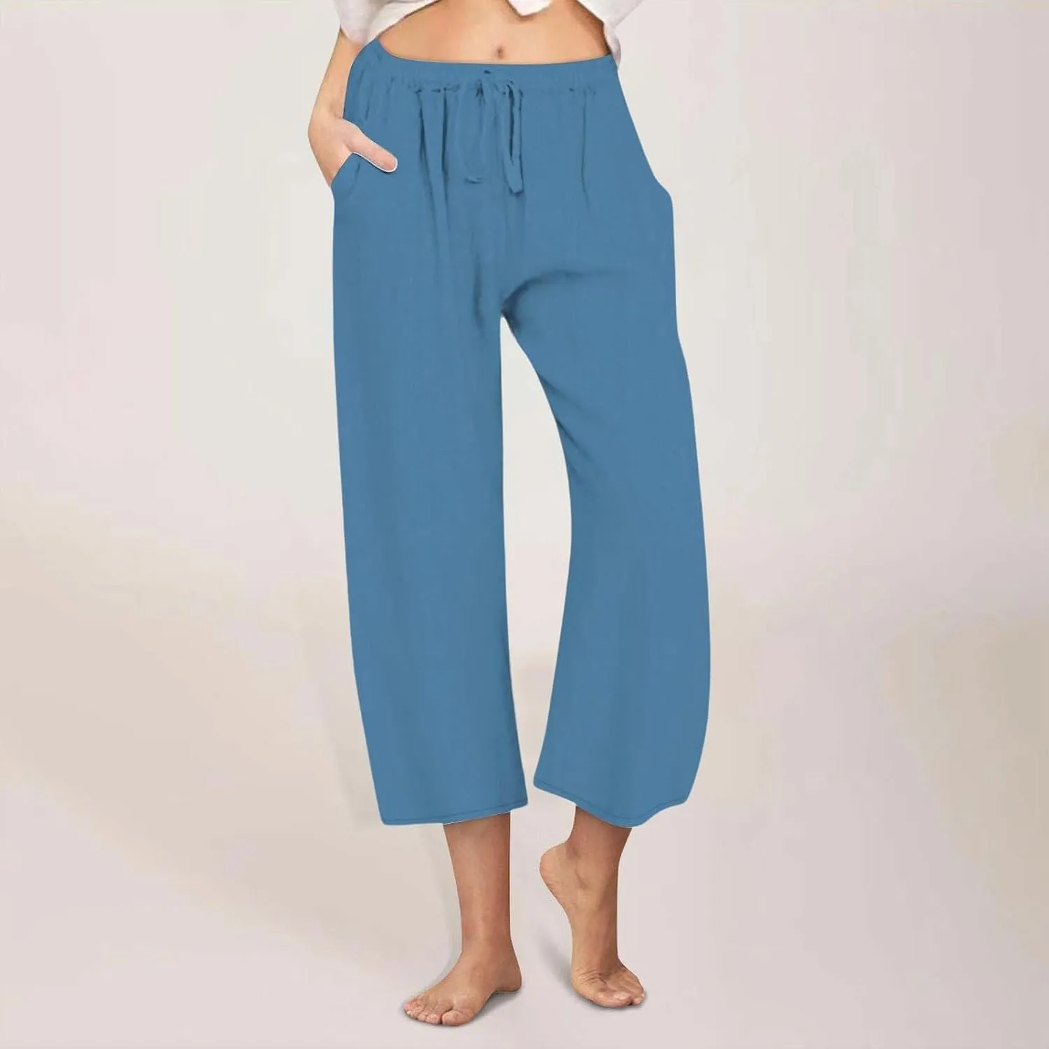 Womens Linen Capri Pants with Pockets Wide Leg Cropped Lounge Trousers Drawstring Elastic Waisted Summer Beach Pants 2025