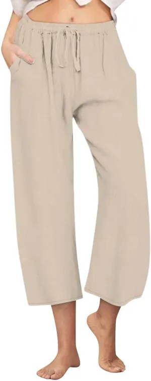 Womens Linen Capri Pants with Pockets Wide Leg Cropped Lounge Trousers Drawstring Elastic Waisted Summer Beach Pants 2025