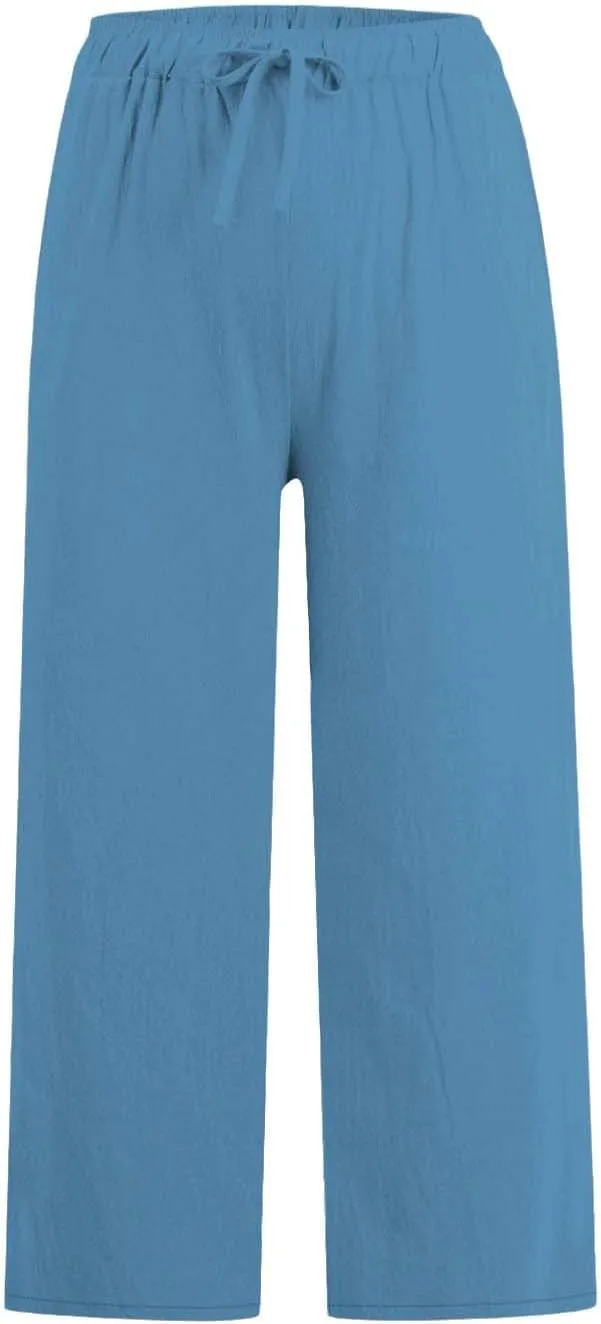 Womens Linen Capri Pants with Pockets Wide Leg Cropped Lounge Trousers Drawstring Elastic Waisted Summer Beach Pants 2025