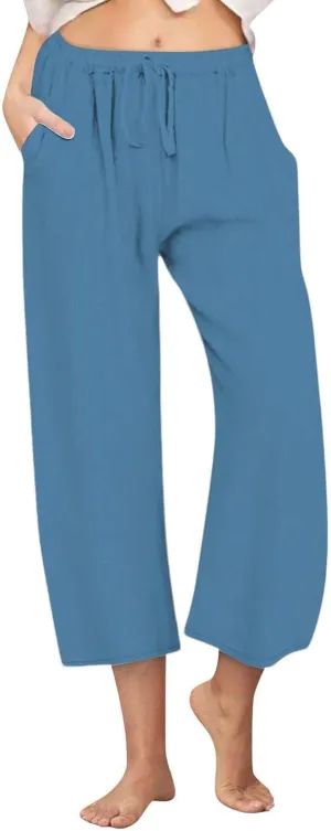 Womens Linen Capri Pants with Pockets Wide Leg Cropped Lounge Trousers Drawstring Elastic Waisted Summer Beach Pants 2025