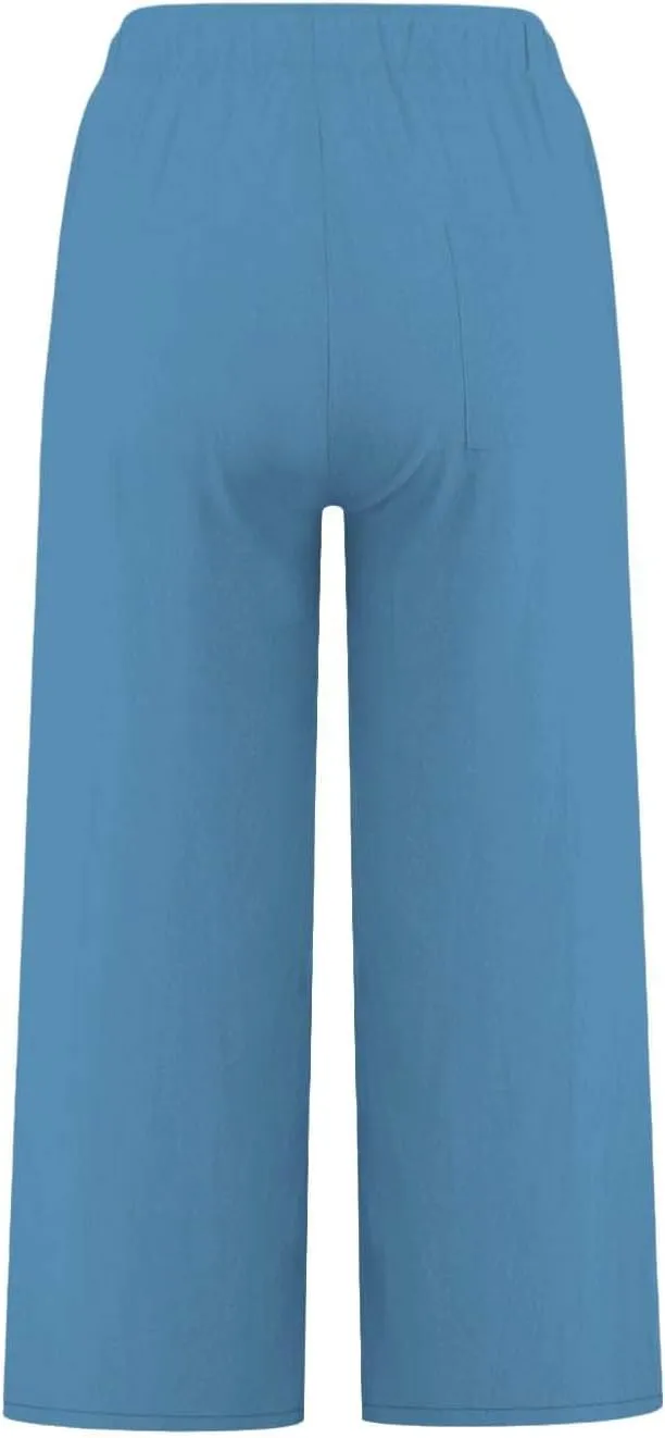 Womens Linen Capri Pants with Pockets Wide Leg Cropped Lounge Trousers Drawstring Elastic Waisted Summer Beach Pants 2025
