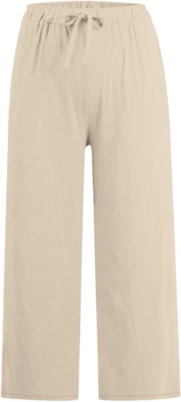 Womens Linen Capri Pants with Pockets Wide Leg Cropped Lounge Trousers Drawstring Elastic Waisted Summer Beach Pants 2025