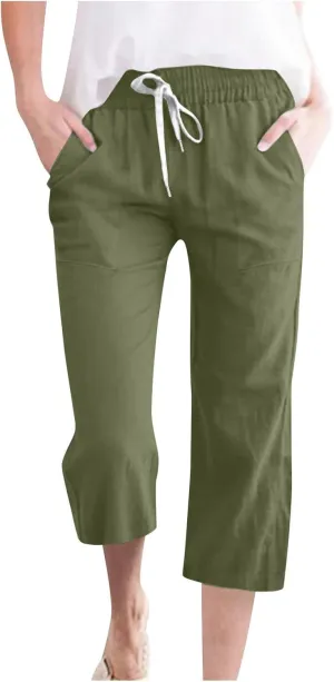 Women's Linen Cotton Wide Leg Pants Boho Palazzo Trousers for Summer High Waisted Elastic Side Pockets Sizes XS-XXL