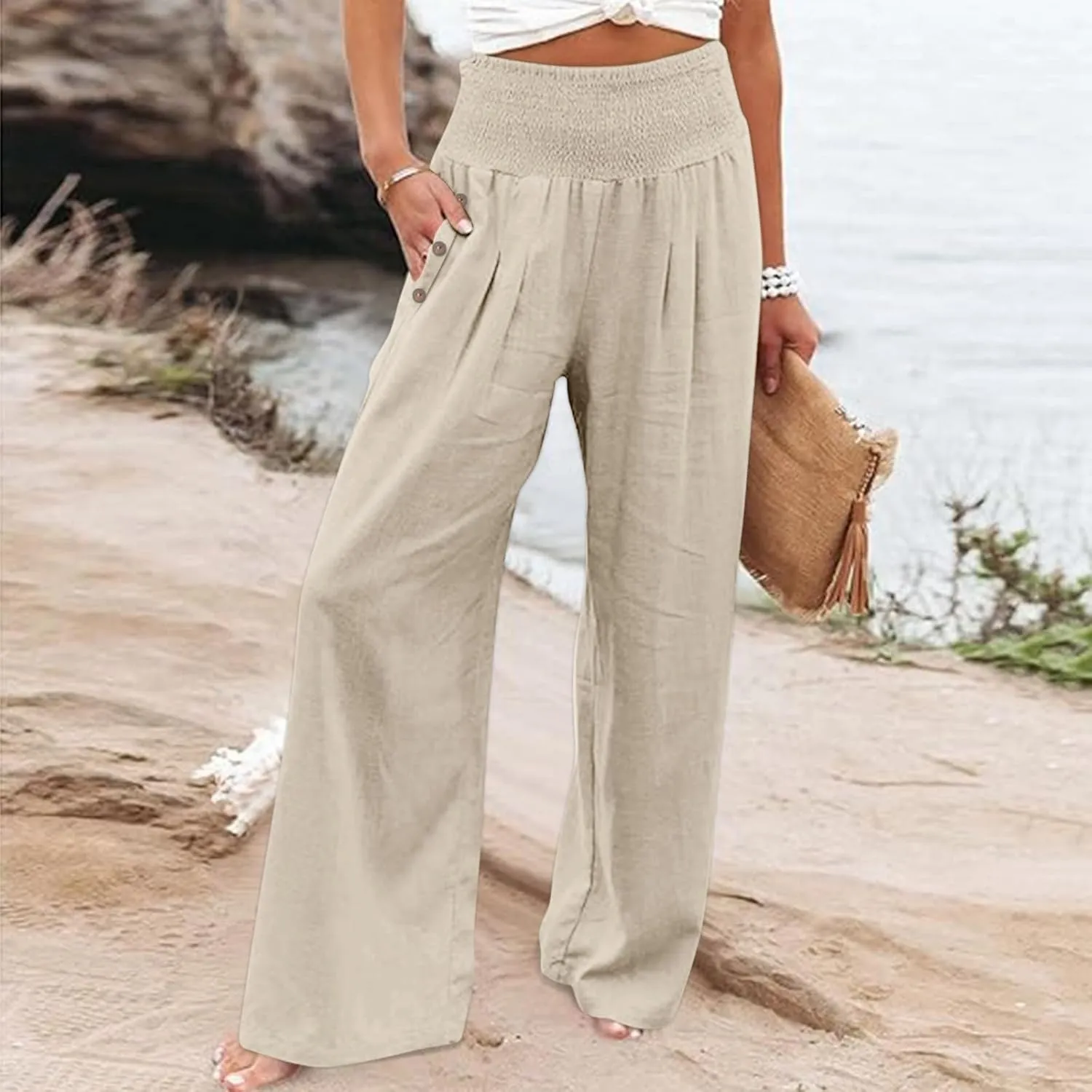 Womens Linen Pants 2025 Summer Casual Loose Wide Leg Palazzo Pants Elastic High Waist Flowy Beach Trousers Outfits