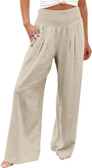 Womens Linen Pants 2025 Summer Casual Loose Wide Leg Palazzo Pants Elastic High Waist Flowy Beach Trousers Outfits