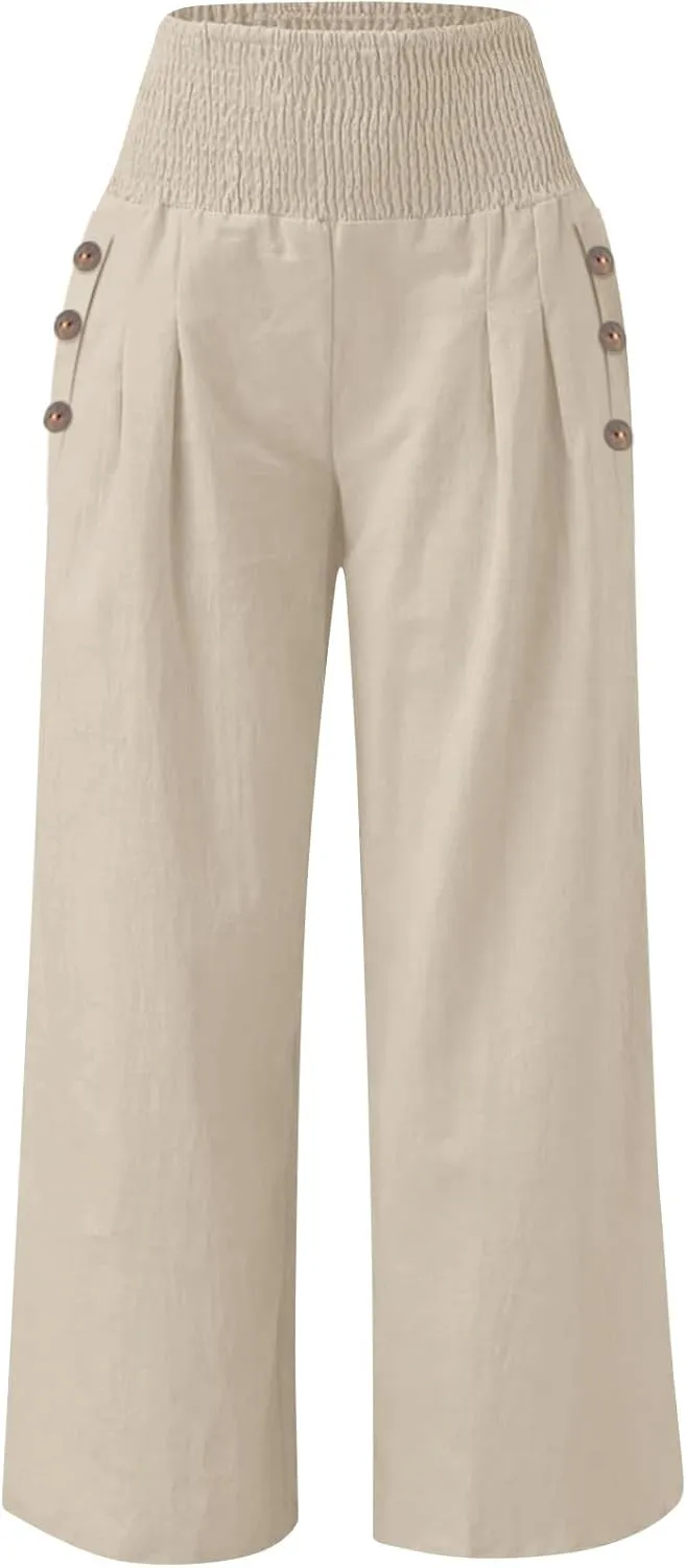 Womens Linen Pants 2025 Summer Casual Loose Wide Leg Palazzo Pants Elastic High Waist Flowy Beach Trousers Outfits