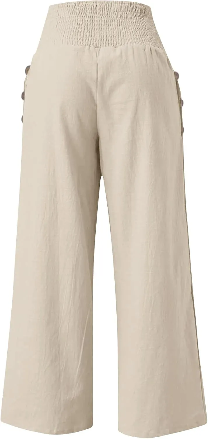 Womens Linen Pants 2025 Summer Casual Loose Wide Leg Palazzo Pants Elastic High Waist Flowy Beach Trousers Outfits