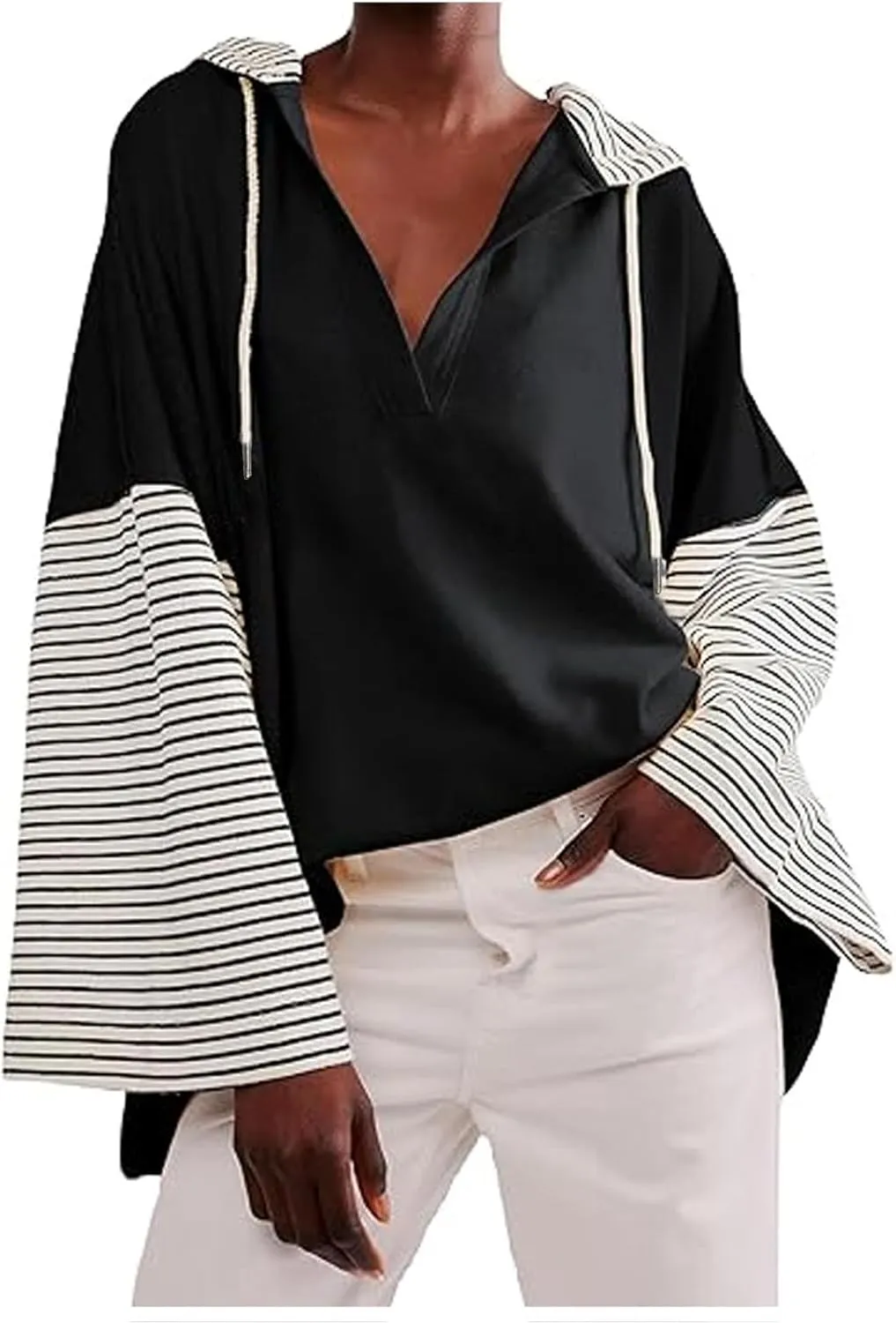 Womens Long Bell Sleeve V Neck Hoodie Sweatshirts Colorblock Lightweight Oversized Drawstring Pullover Tops Loose Fit