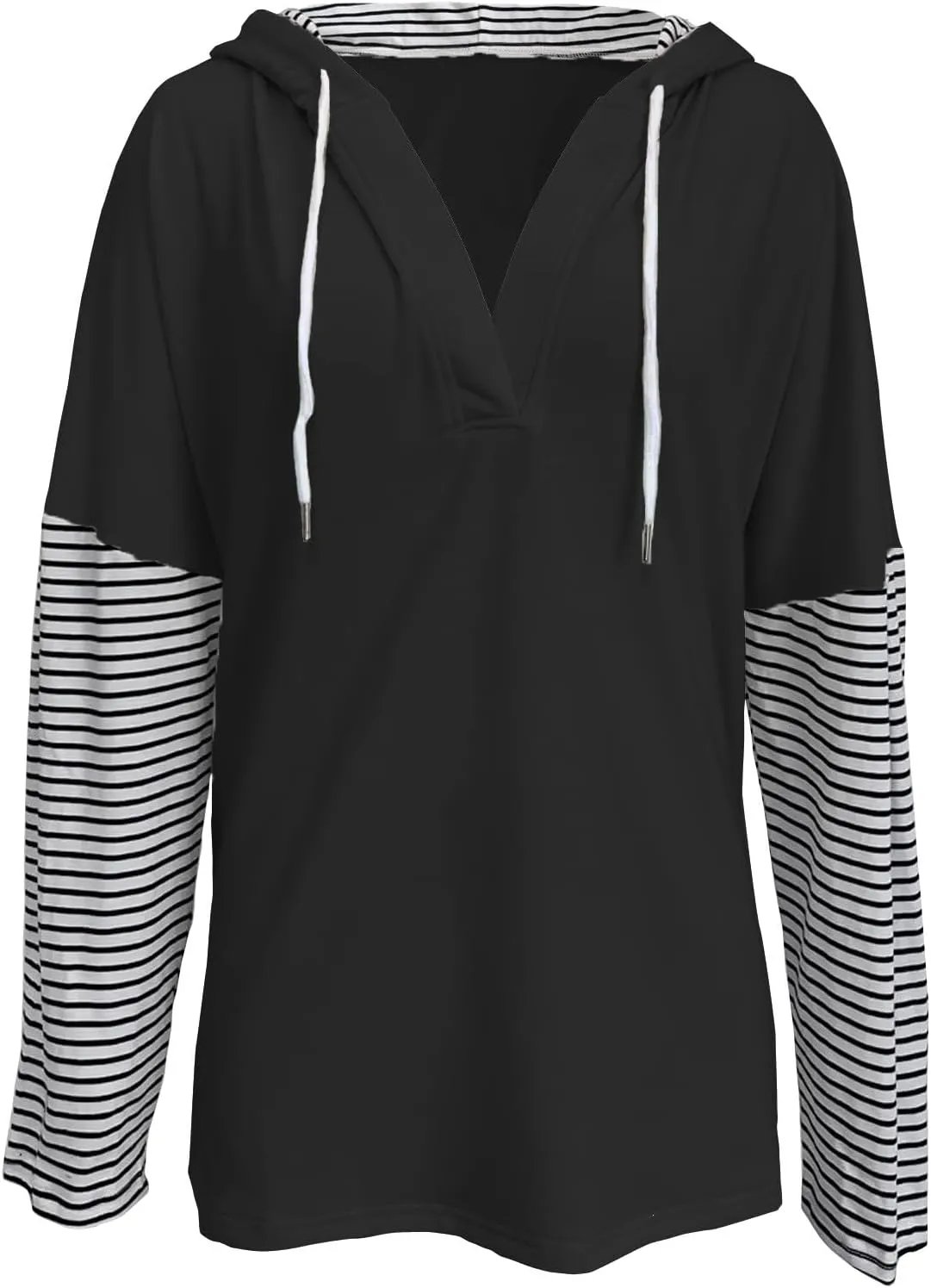 Womens Long Bell Sleeve V Neck Hoodie Sweatshirts Colorblock Lightweight Oversized Drawstring Pullover Tops Loose Fit
