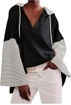Womens Long Bell Sleeve V Neck Hoodie Sweatshirts Colorblock Lightweight Oversized Drawstring Pullover Tops Loose Fit