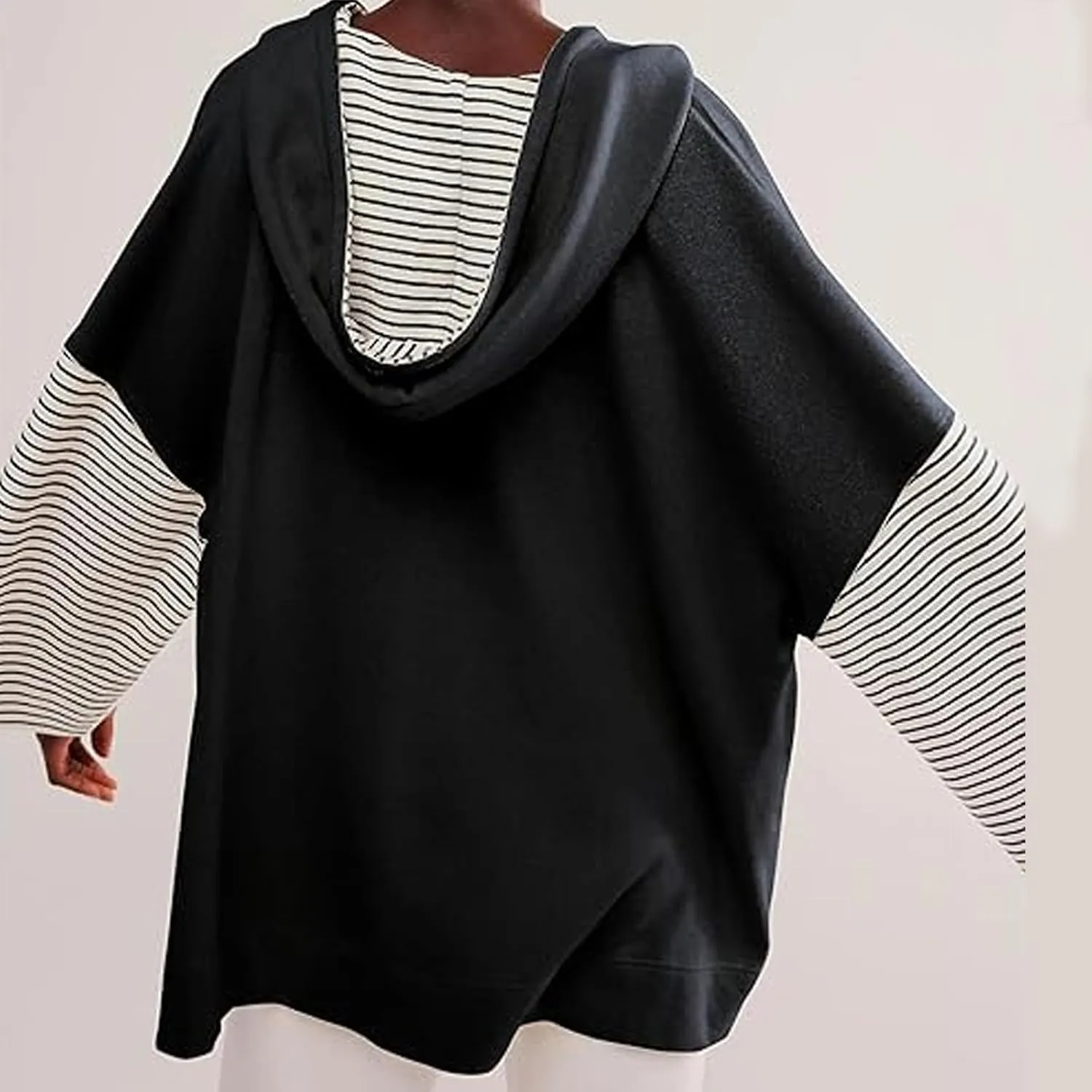 Womens Long Bell Sleeve V Neck Hoodie Sweatshirts Colorblock Lightweight Oversized Drawstring Pullover Tops Loose Fit