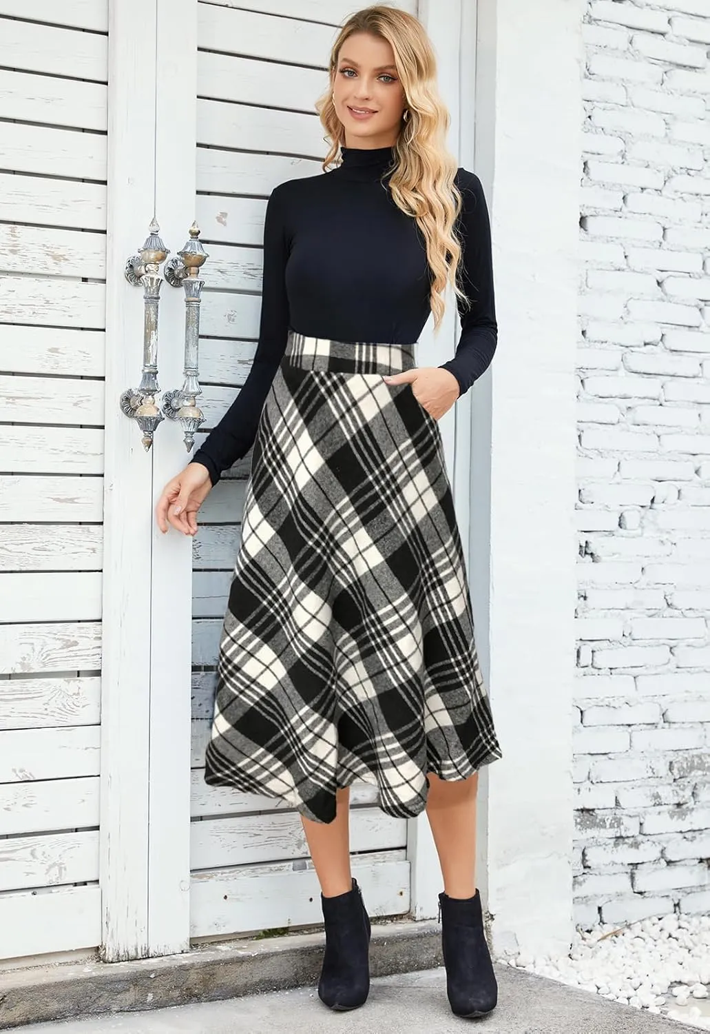 Womens Midi Plaid Skirt High Elastic Waist A-line Vintage Flowy Winter Warm Long Skirts for Women with Pocket