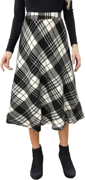 Womens Midi Plaid Skirt High Elastic Waist A-line Vintage Flowy Winter Warm Long Skirts for Women with Pocket