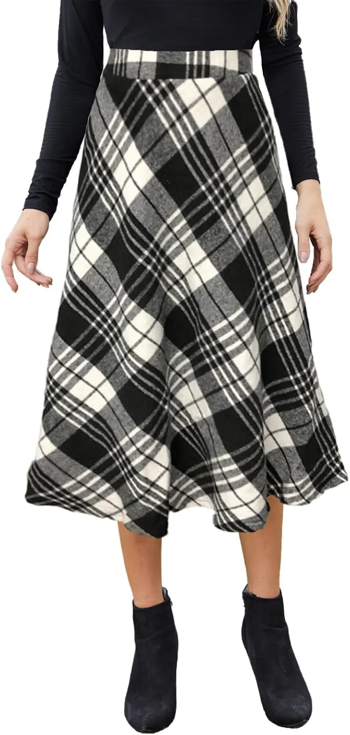 Womens Midi Plaid Skirt High Elastic Waist A-line Vintage Flowy Winter Warm Long Skirts for Women with Pocket