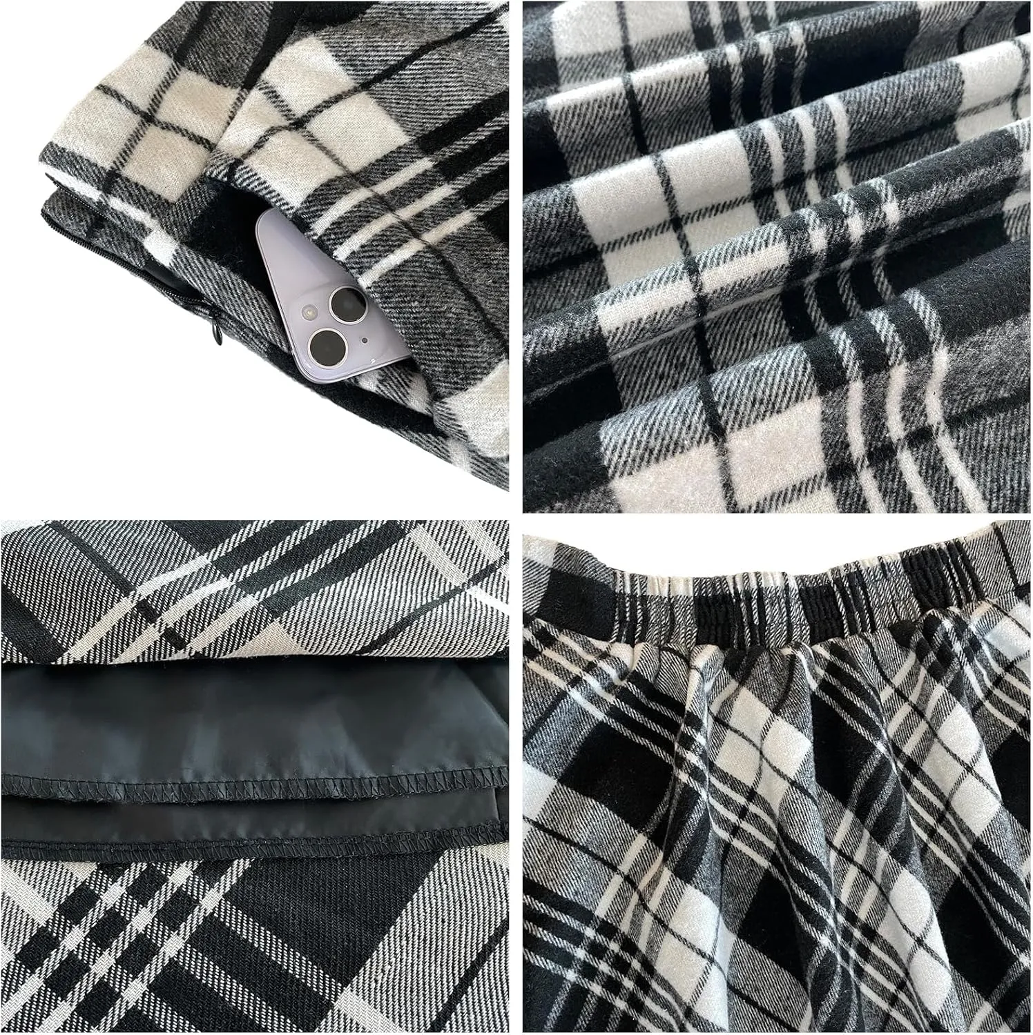 Womens Midi Plaid Skirt High Elastic Waist A-line Vintage Flowy Winter Warm Long Skirts for Women with Pocket