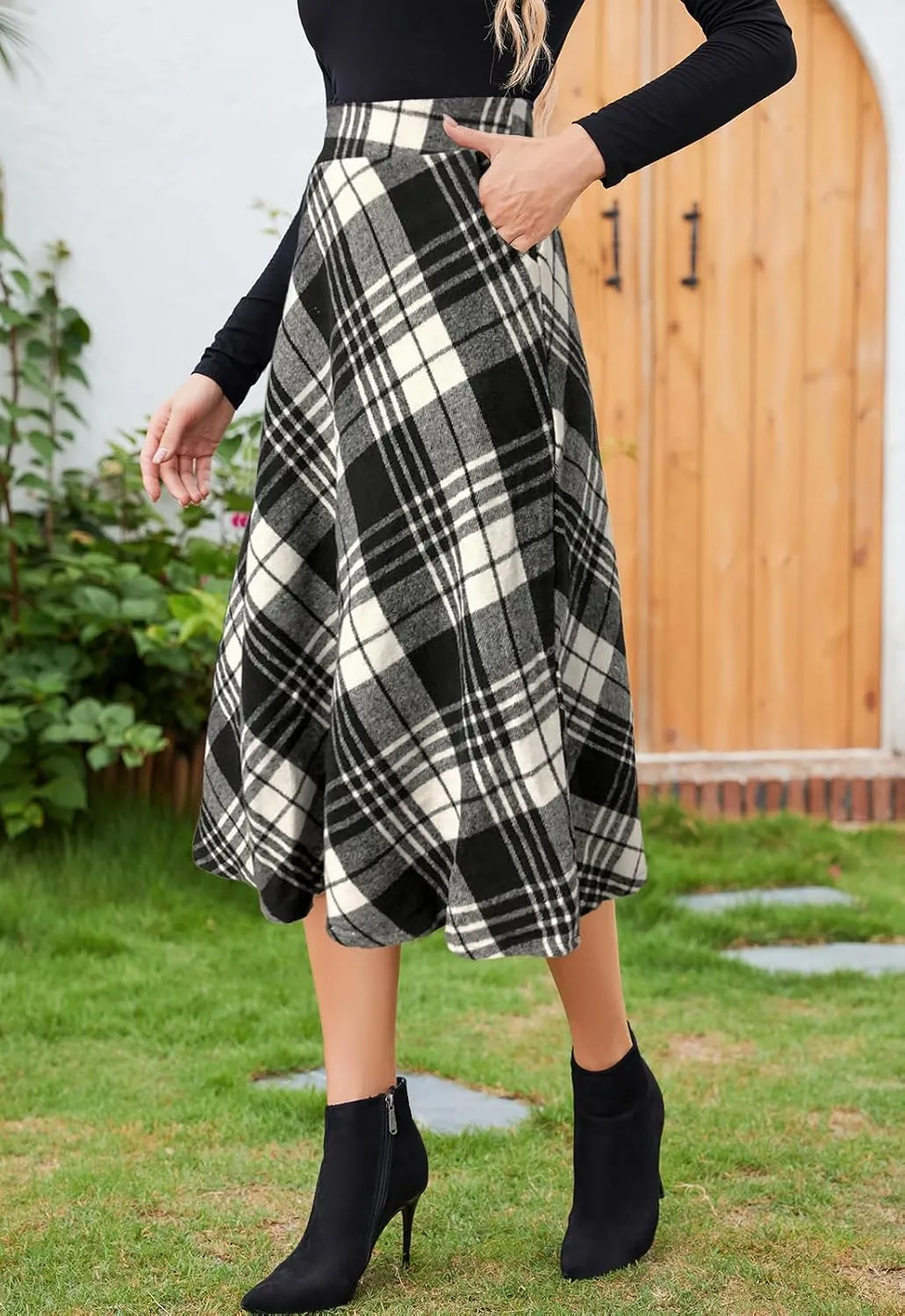 Womens Midi Plaid Skirt High Elastic Waist A-line Vintage Flowy Winter Warm Long Skirts for Women with Pocket