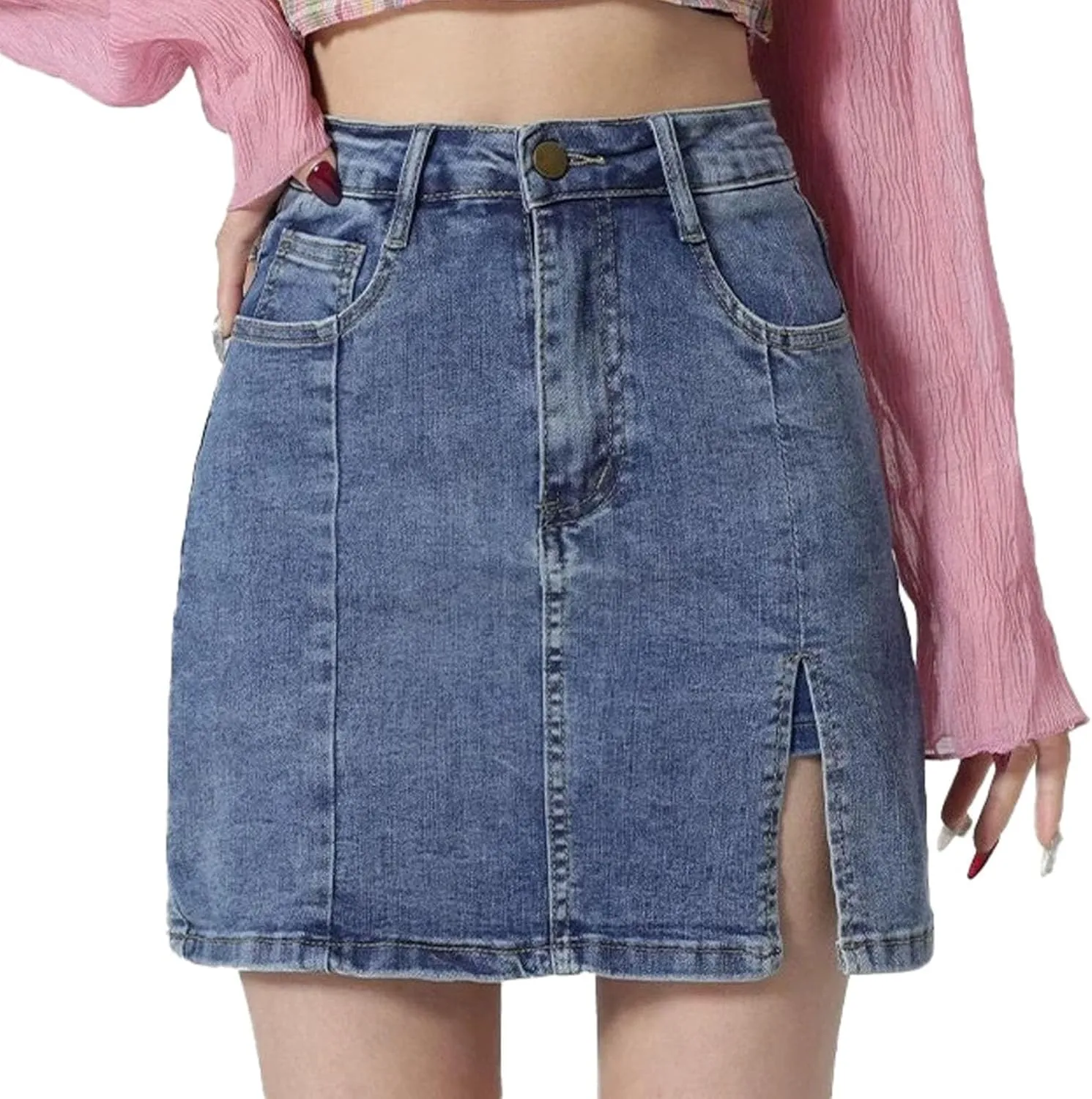 Womens Mini Denim Skirts Causal High Waisted Cute Hottie Bag Hip Slit Hem Summer Short Jean Skirts with Pockets