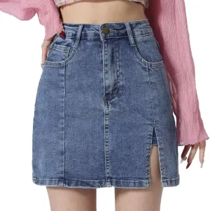 Womens Mini Denim Skirts Causal High Waisted Cute Hottie Bag Hip Slit Hem Summer Short Jean Skirts with Pockets