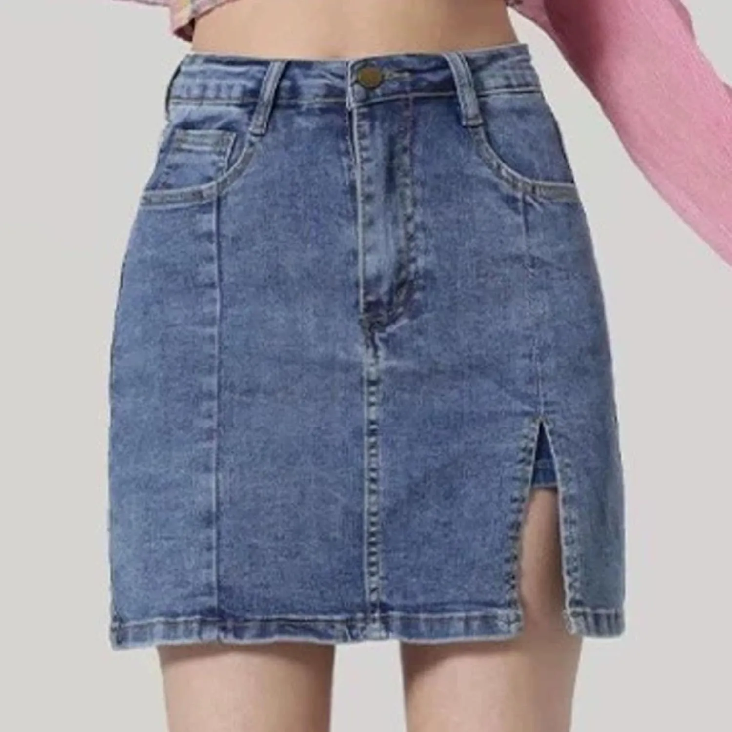 Womens Mini Denim Skirts Causal High Waisted Cute Hottie Bag Hip Slit Hem Summer Short Jean Skirts with Pockets