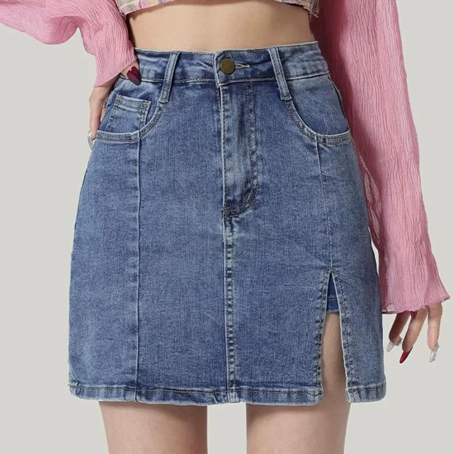 Womens Mini Denim Skirts Causal High Waisted Cute Hottie Bag Hip Slit Hem Summer Short Jean Skirts with Pockets