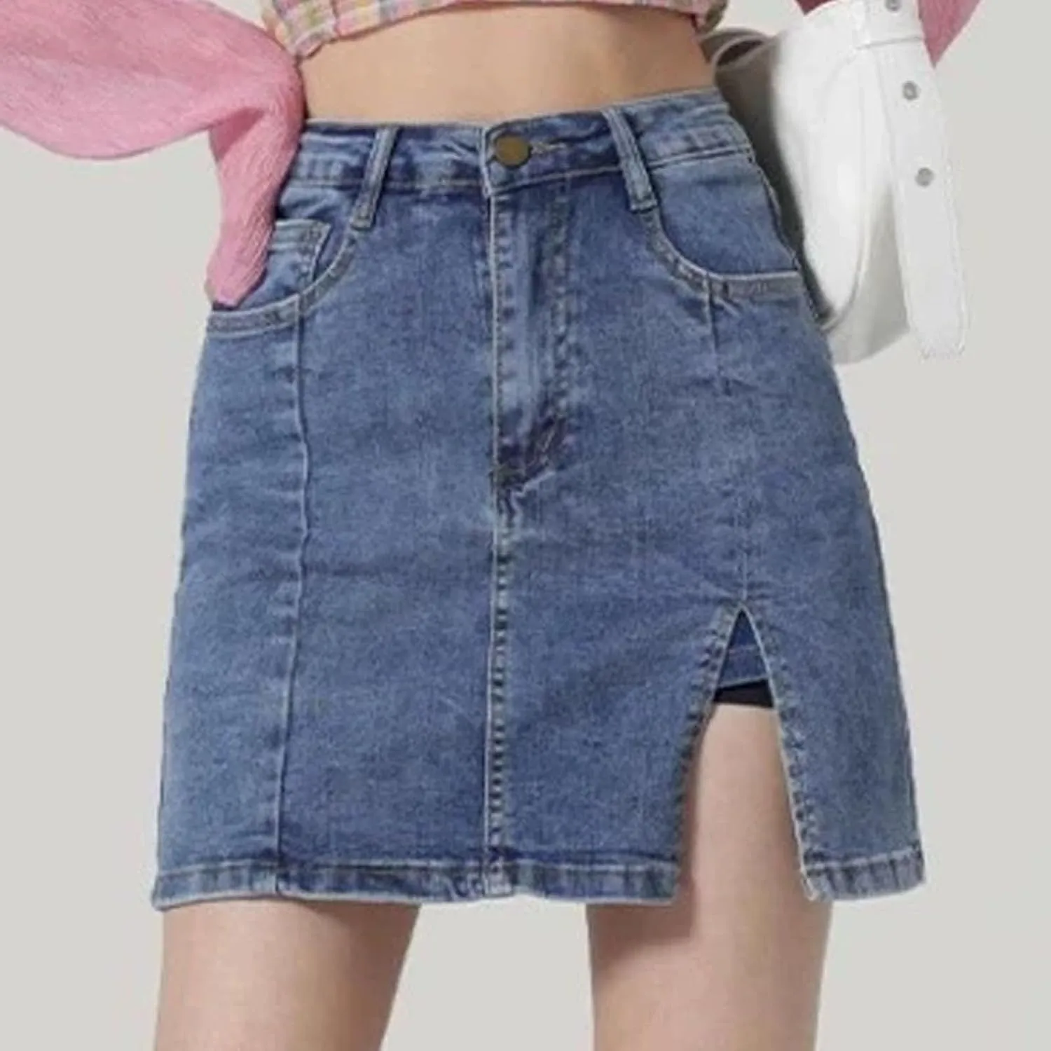 Womens Mini Denim Skirts Causal High Waisted Cute Hottie Bag Hip Slit Hem Summer Short Jean Skirts with Pockets