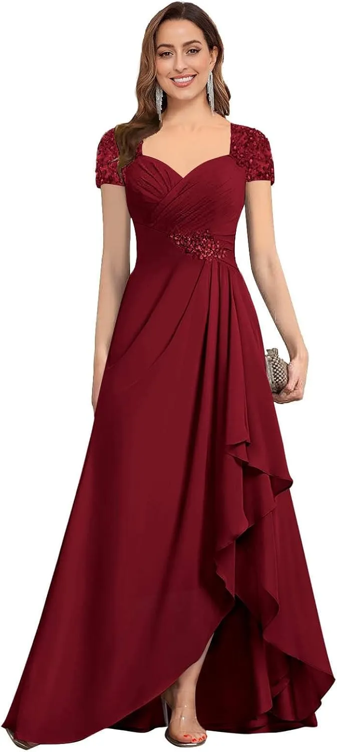Women's Mother of The Bride Dresses A-line Beaded Chiffon Ruffle Formal Evening Dress for Wedding