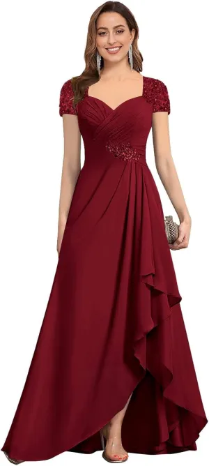 Women's Mother of The Bride Dresses A-line Beaded Chiffon Ruffle Formal Evening Dress for Wedding