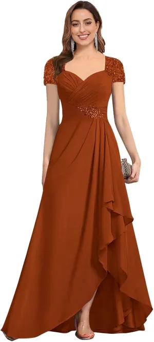 Women's Mother of The Bride Dresses A-line Beaded Chiffon Ruffle Formal Evening Dress for Wedding