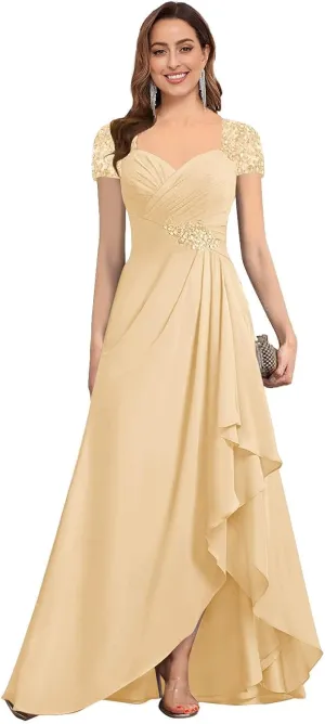 Women's Mother of The Bride Dresses A-line Beaded Chiffon Ruffle Formal Evening Dress for Wedding
