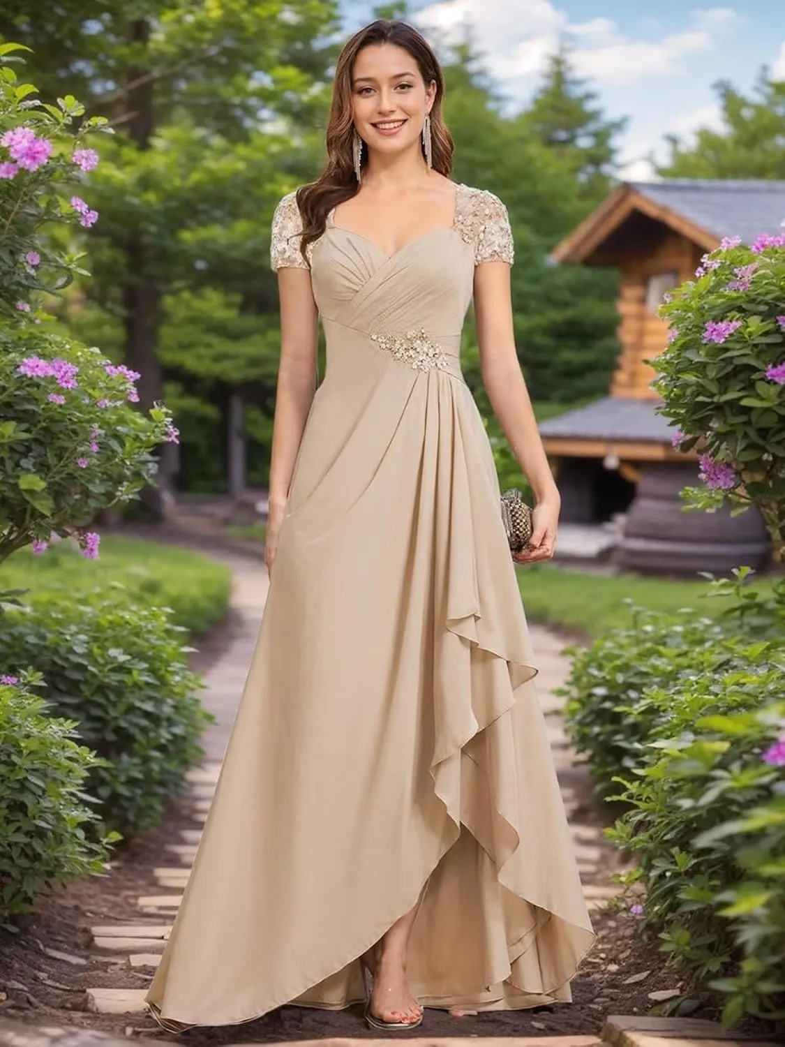 Women's Mother of The Bride Dresses A-line Beaded Chiffon Ruffle Formal Evening Dress for Wedding