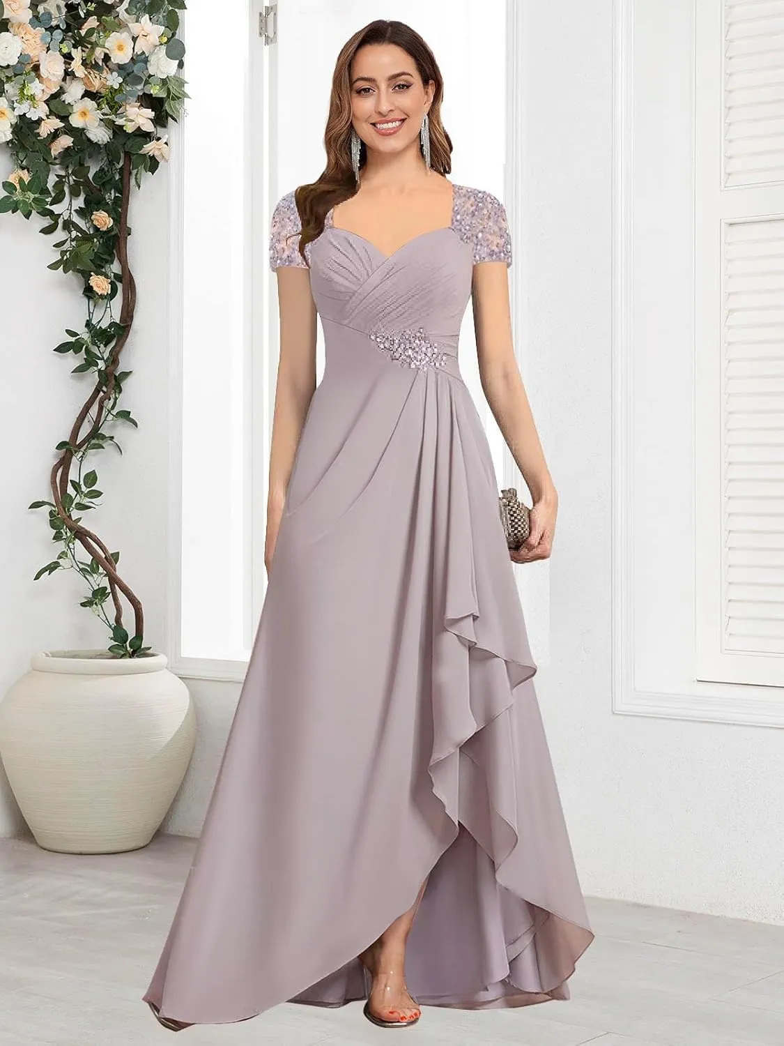 Women's Mother of The Bride Dresses A-line Beaded Chiffon Ruffle Formal Evening Dress for Wedding