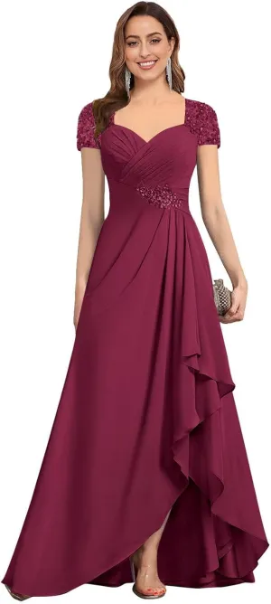 Women's Mother of The Bride Dresses A-line Beaded Chiffon Ruffle Formal Evening Dress for Wedding