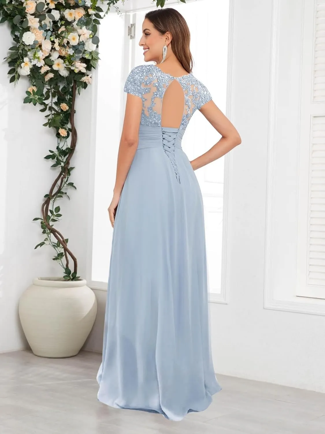 Women's Mother of The Bride Dresses A-line Beaded Chiffon Ruffle Formal Evening Dress for Wedding