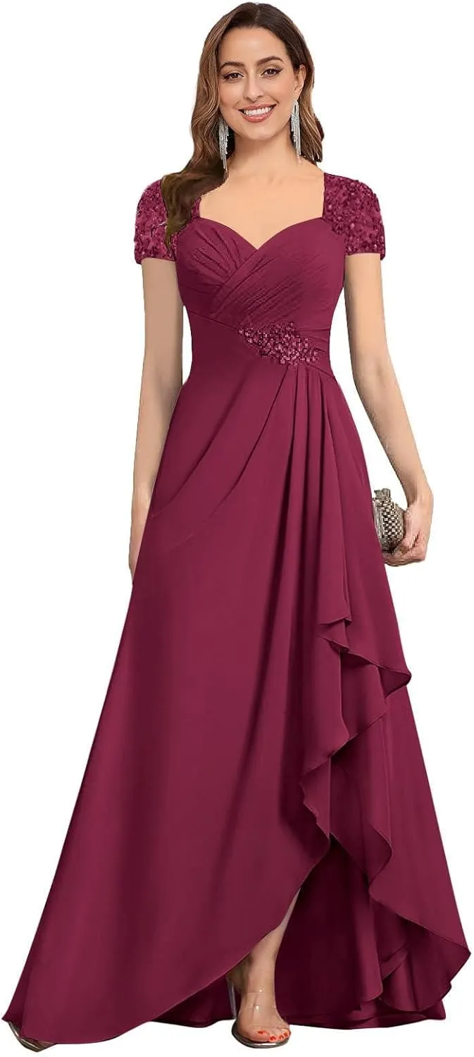 Women's Mother of The Bride Dresses A-line Beaded Chiffon Ruffle Formal Evening Dress for Wedding