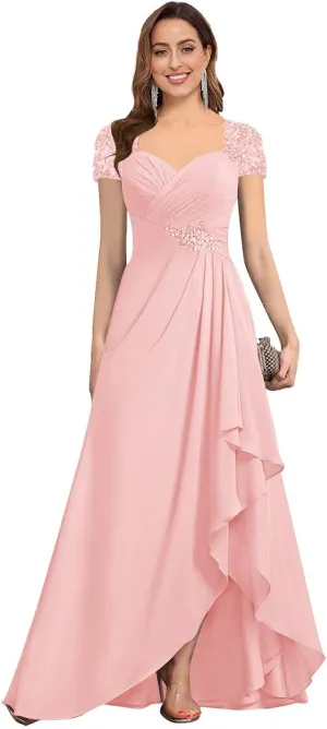 Women's Mother of The Bride Dresses A-line Beaded Chiffon Ruffle Formal Evening Dress for Wedding