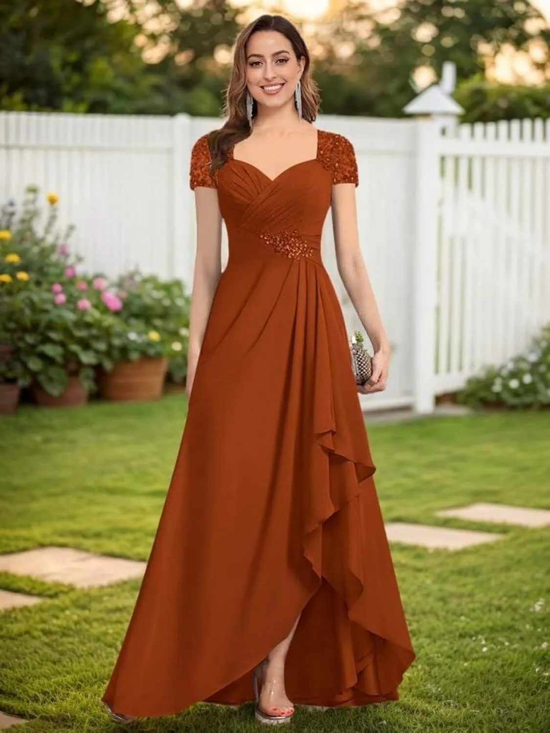 Women's Mother of The Bride Dresses A-line Beaded Chiffon Ruffle Formal Evening Dress for Wedding