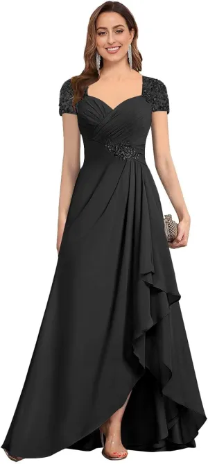 Women's Mother of The Bride Dresses A-line Beaded Chiffon Ruffle Formal Evening Dress for Wedding