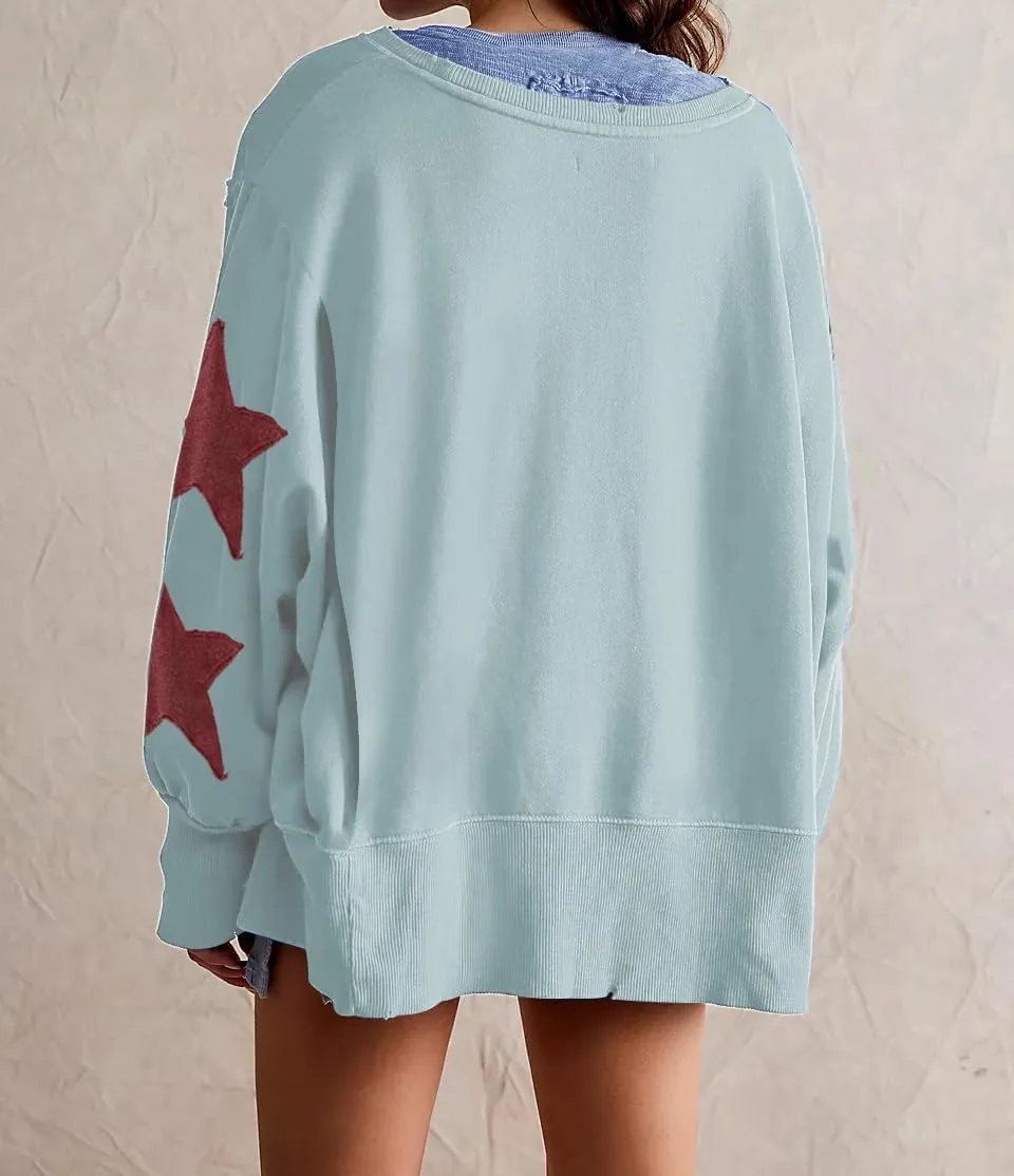 Womens Oversized Crewneck Sweatshirt Y2k Striped Star Long Sleeve Side Slit Pullover Sweatshirt Teen Girl Aesthetic
