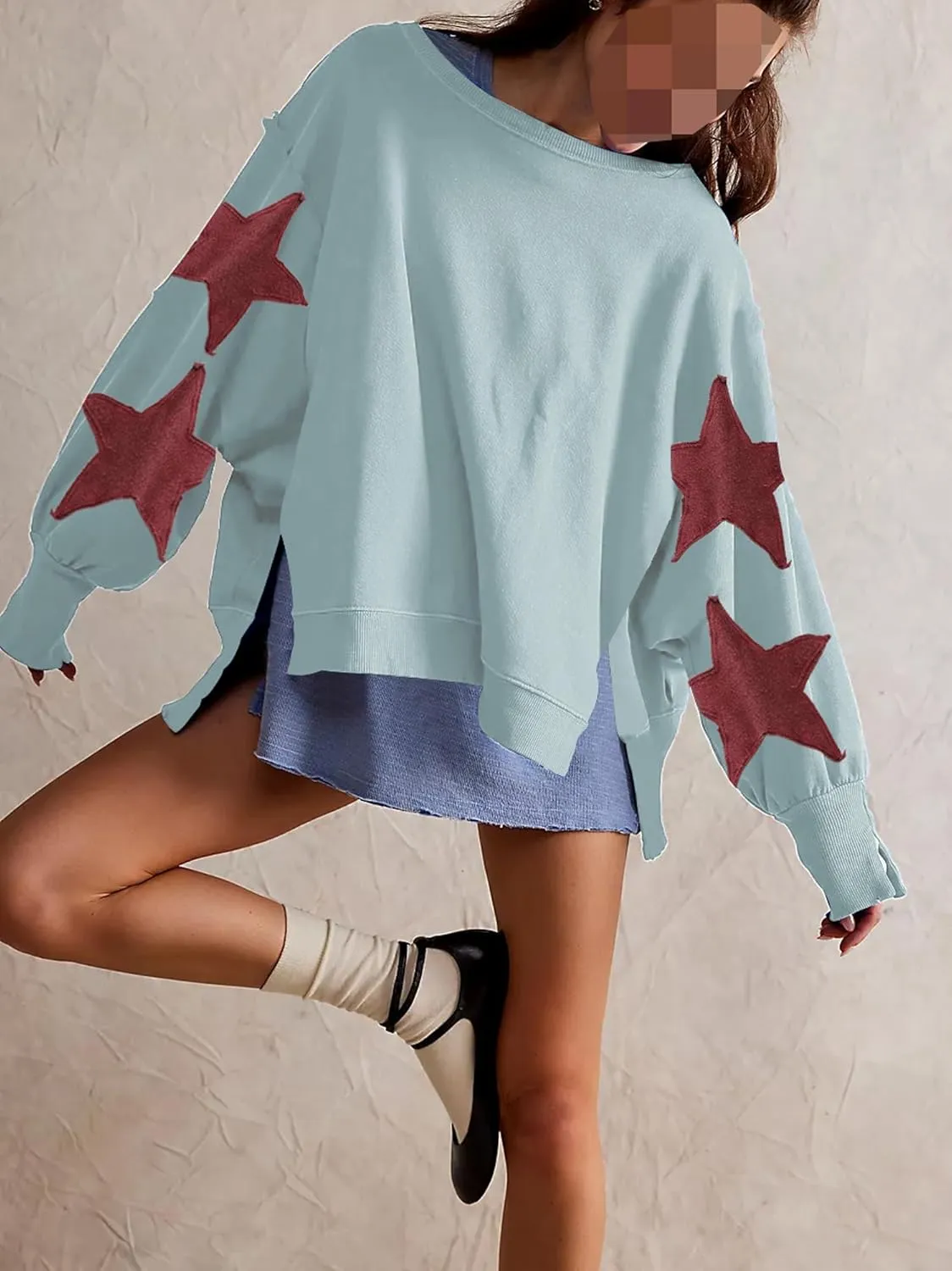 Womens Oversized Crewneck Sweatshirt Y2k Striped Star Long Sleeve Side Slit Pullover Sweatshirt Teen Girl Aesthetic