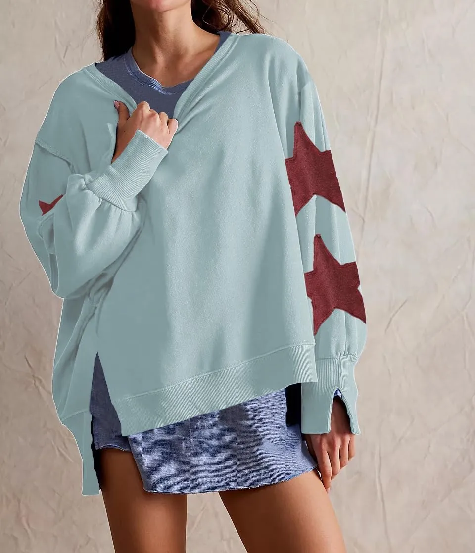Womens Oversized Crewneck Sweatshirt Y2k Striped Star Long Sleeve Side Slit Pullover Sweatshirt Teen Girl Aesthetic