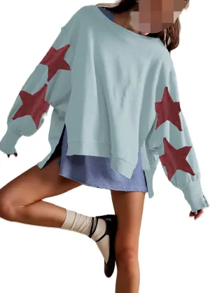 Womens Oversized Crewneck Sweatshirt Y2k Striped Star Long Sleeve Side Slit Pullover Sweatshirt Teen Girl Aesthetic