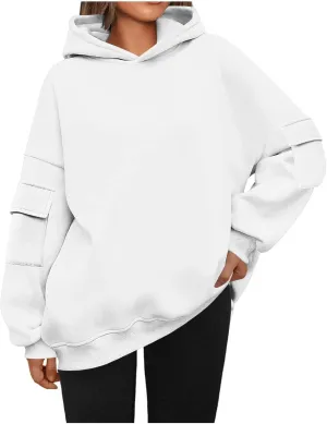 Womens Oversized Hoodies Cargo Pocketed Long Sleeve Crewneck Pullover Fall Winter Solid Drop Shoulder Sweatshirts