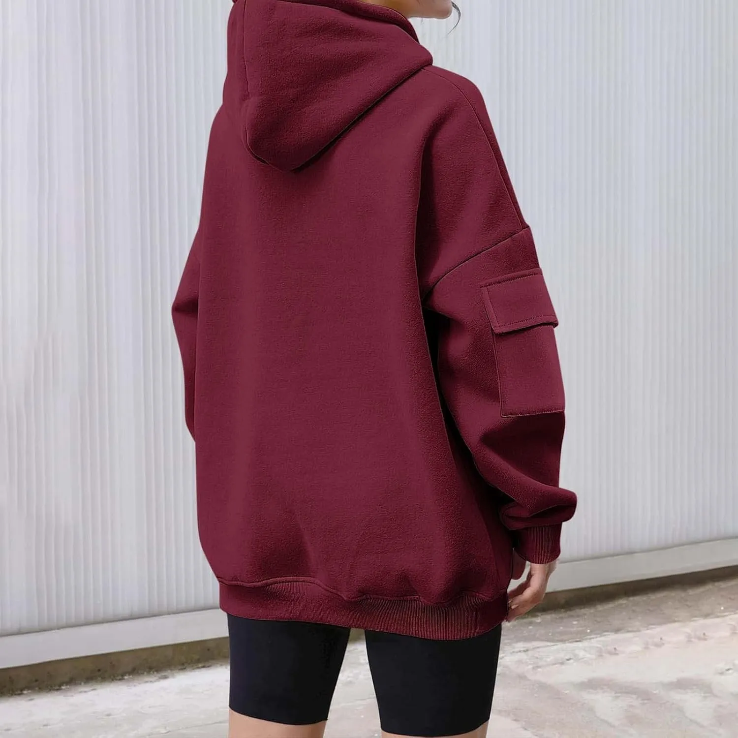 Womens Oversized Hoodies Cargo Pocketed Long Sleeve Crewneck Pullover Fall Winter Solid Drop Shoulder Sweatshirts