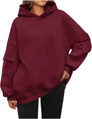 Womens Oversized Hoodies Cargo Pocketed Long Sleeve Crewneck Pullover Fall Winter Solid Drop Shoulder Sweatshirts